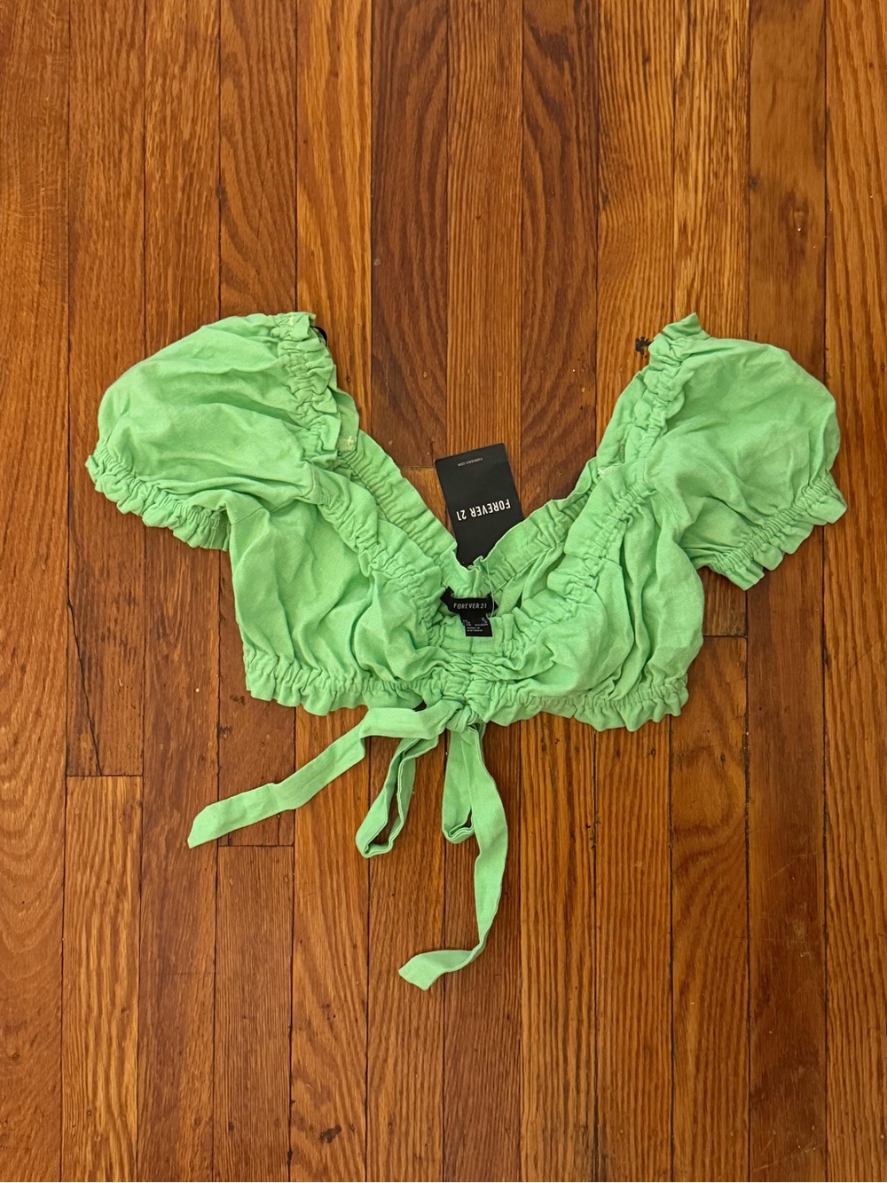Forever 21 Lime Green Ruched Tie-Front Puff Sleeve Crop Top